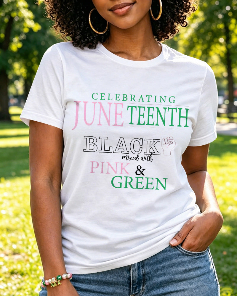 100% Cotton Celebrating Juneteenth AKA colors Crew Neck Short Sleeve Tshirt