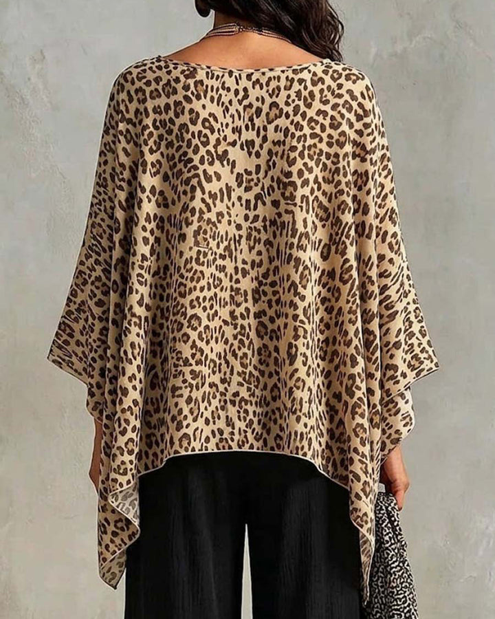 V-neck Irregular Leopard Print Batwing Sleeve Loose Top