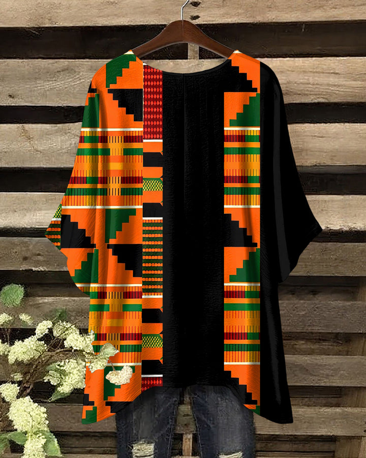 Orange Ankara Splicing Print Round Neck Irregular Shirt