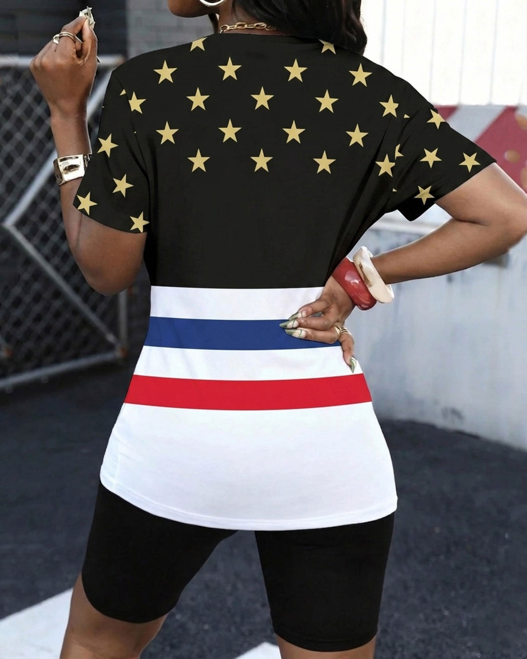 Star and Letter Patchwork Print Round Neck Short Sleeve & Shorts Set