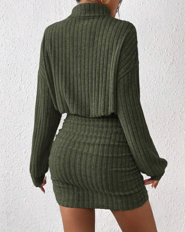 Women's Turtleneck Ribbed Knit Long Sleeve Ruched Mini Dress