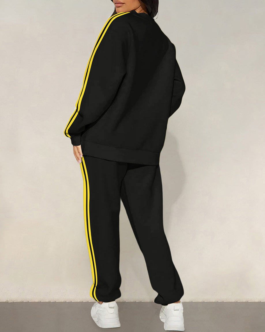 Yellow Lip Stripes Crew Neck Sweatshirt Two Pieces Set