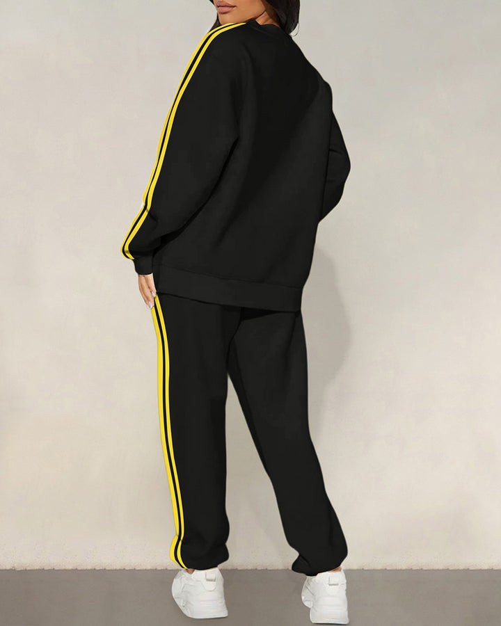 Yellow Lip Stripes Crew Neck Sweatshirt Two Pieces Set