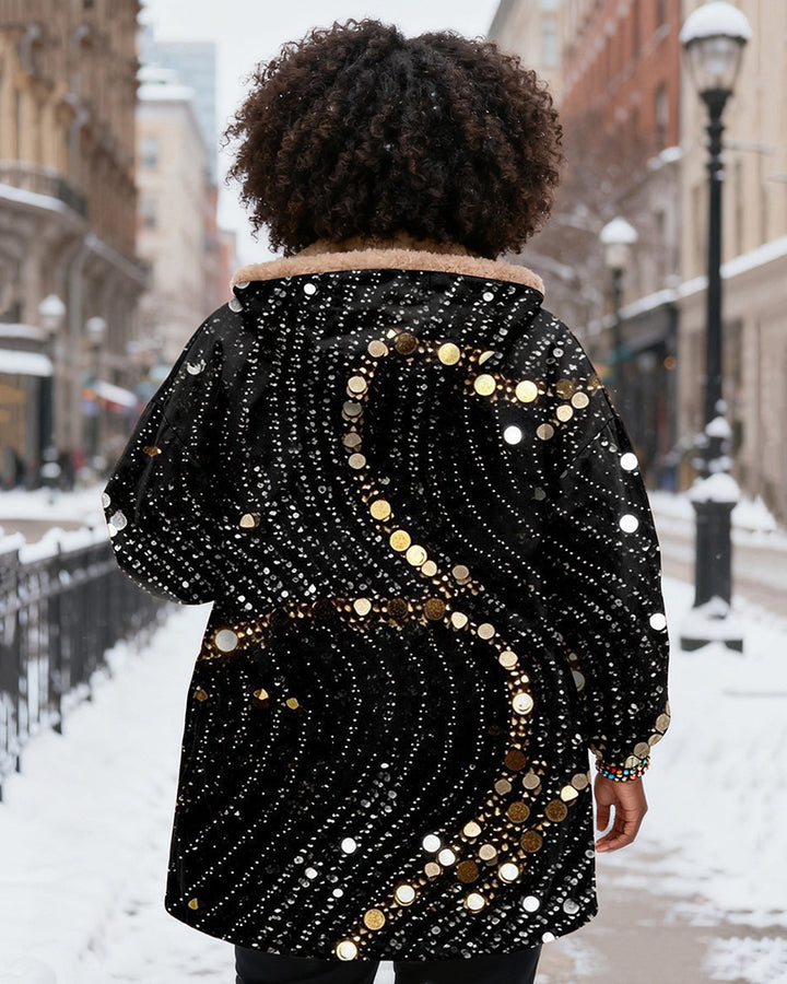 Fun Sequin Prints Long Sleeve Zip-Up Fleece Long Coat