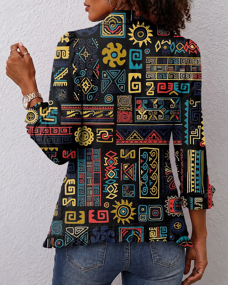 Fun Totem Culture Linen Blend Ruffle Jacket