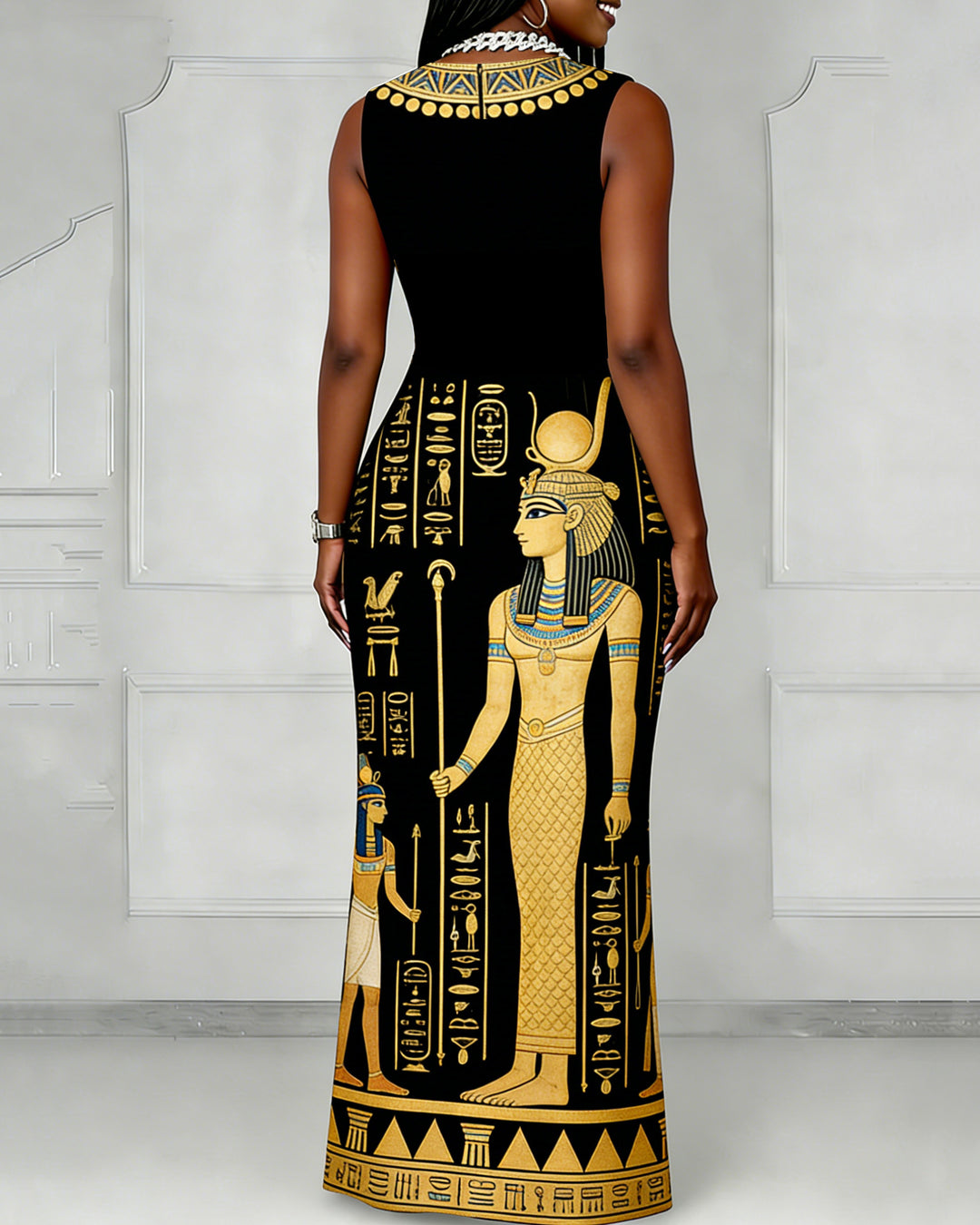 Gold Egyptian Pharaoh Print Bodycon Sleeveless Dress