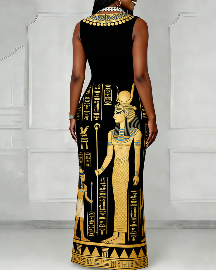 Gold Egyptian Pharaoh Print Bodycon Sleeveless Dress
