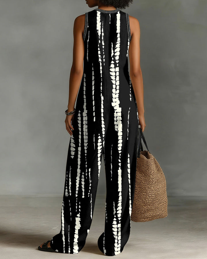 Tie-dye Geometric Patterns Linen Blend Sleeveless Jumpsuit With Zipper And Stand Collar