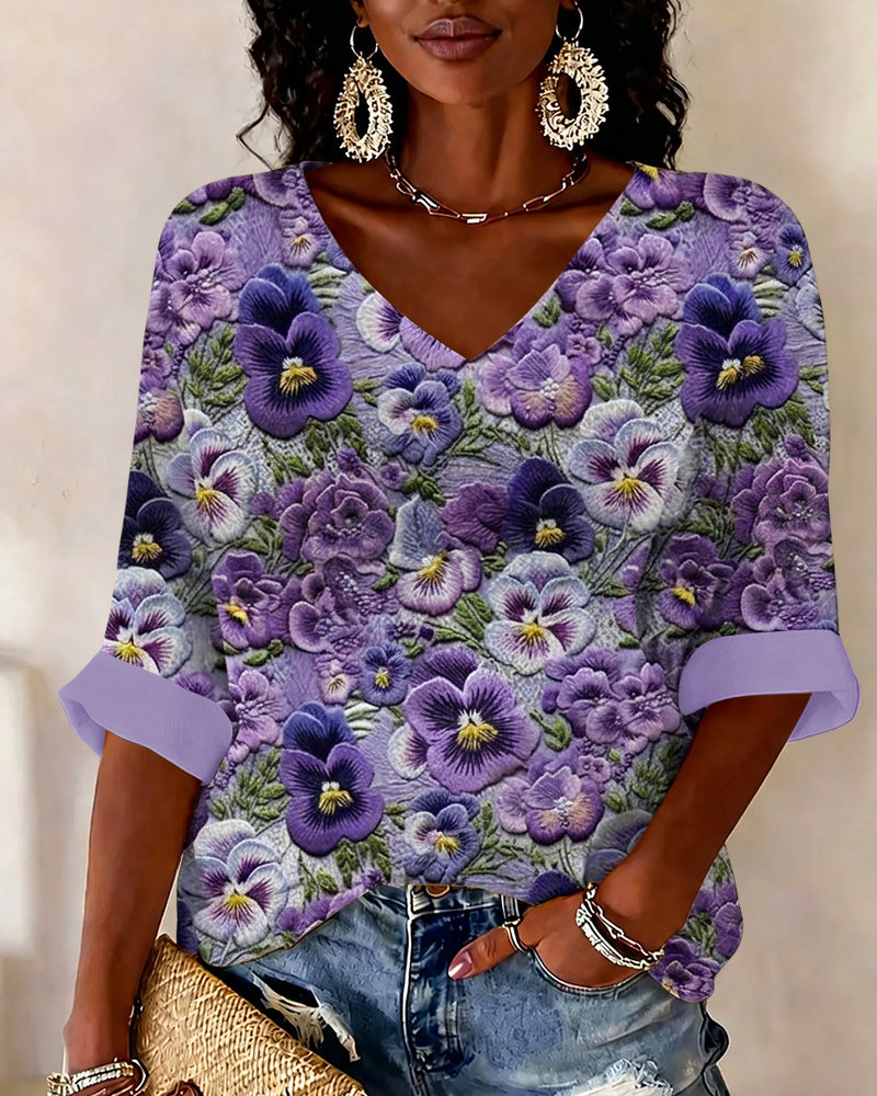 Purple Bohemian Flowers V-neck Half Sleeved Loose Top