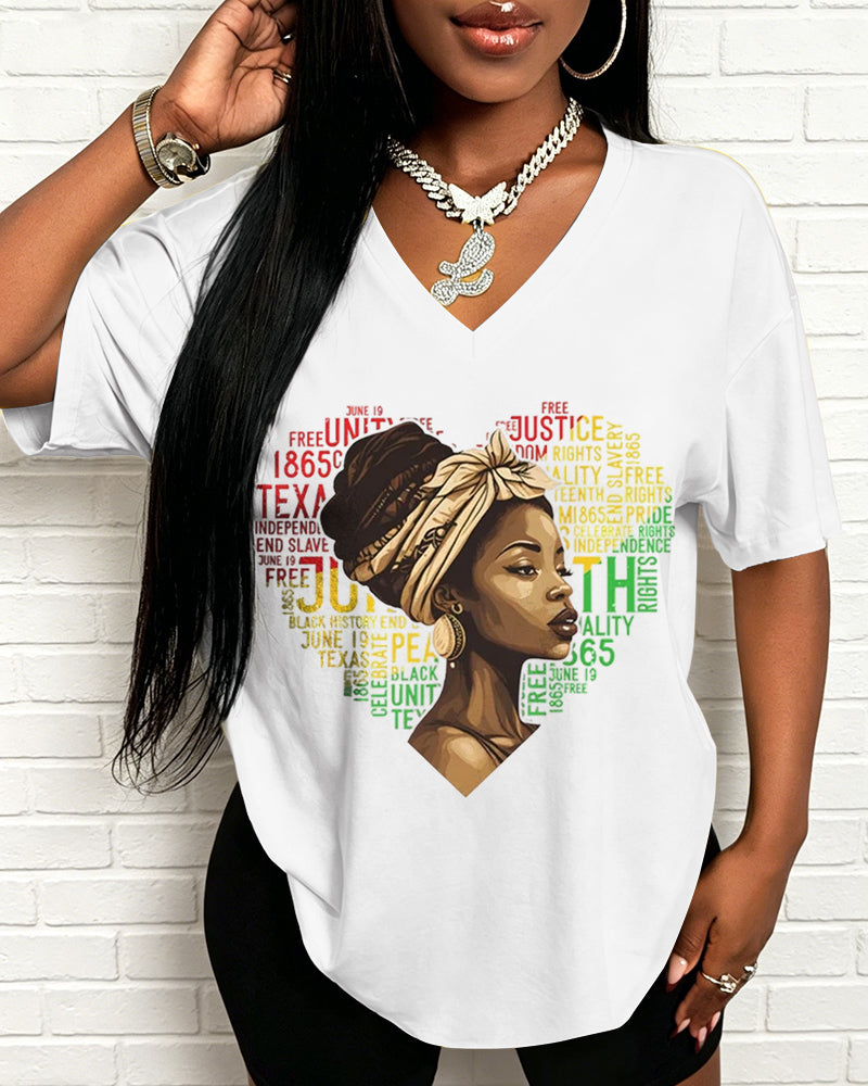 100% Cotton Juneteenth Love for Black Women V Neck Short Sleeve Tshirt