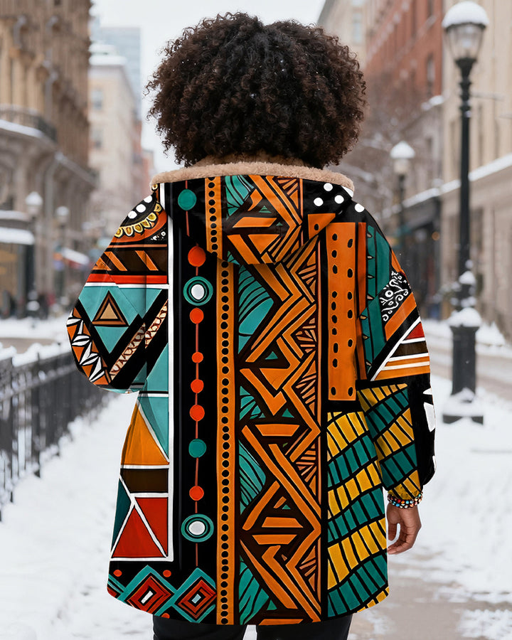 Ethnic African Pattern Long Sleeve Zip-Up Fleece Long Coat