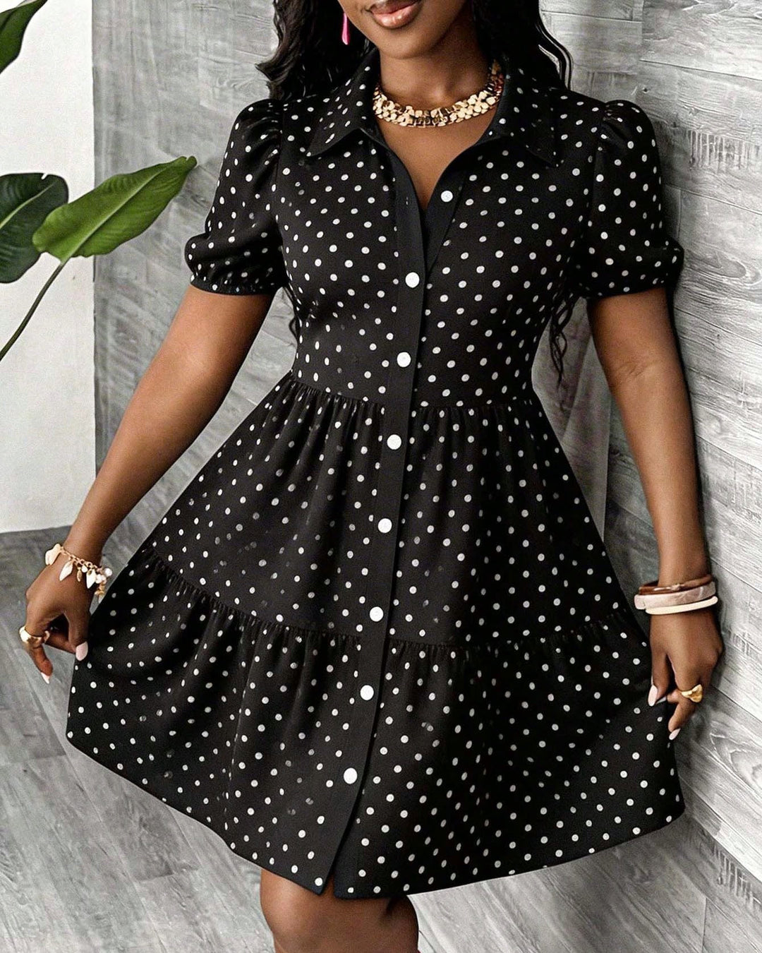Classic White Polka Dots Print Ruffle Lantern Sleeve Loose Dress