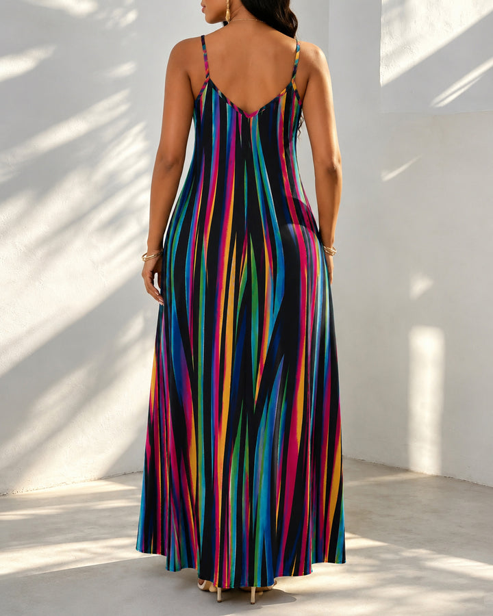 Color Gradient Stripes Print Pocket Maxi Dress
