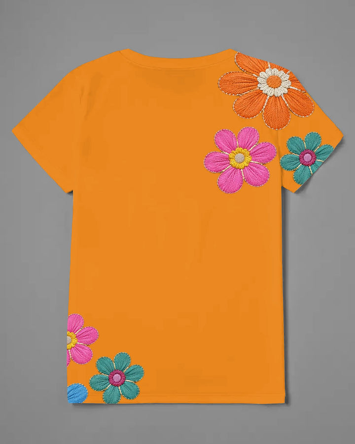 Ruby Bridges Flowers Print V Neck Short Sleeve Tshirt