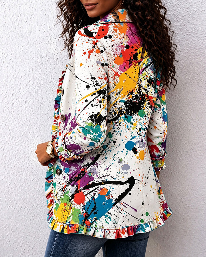 Colored Ink Splash Oil Painting Linen Blend Ruffle Jacket