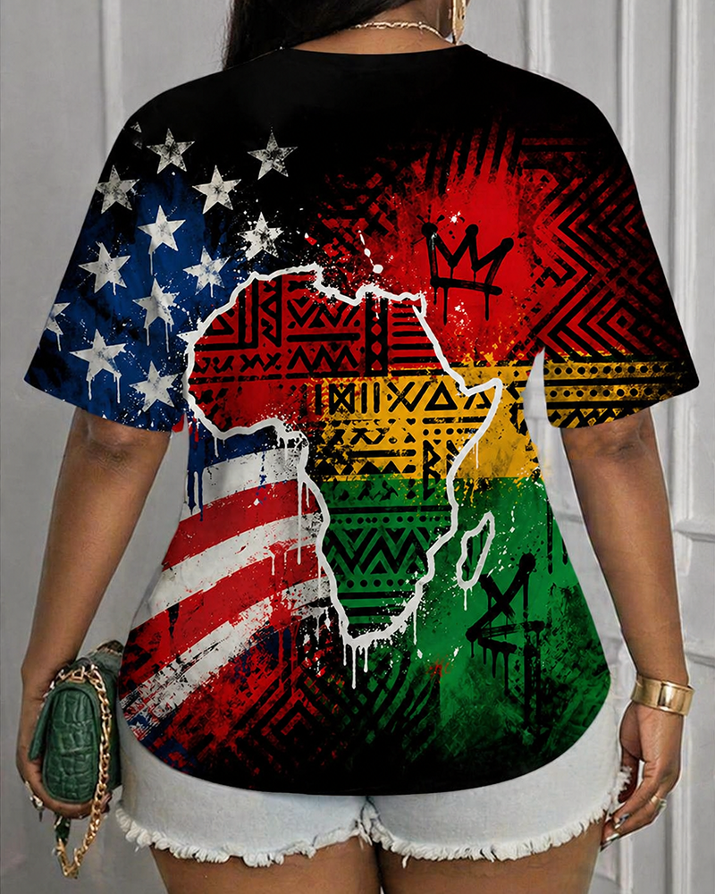 Reggae Color Africa Map American Flag Print Round Neck Short Sleeve T-Shirt
