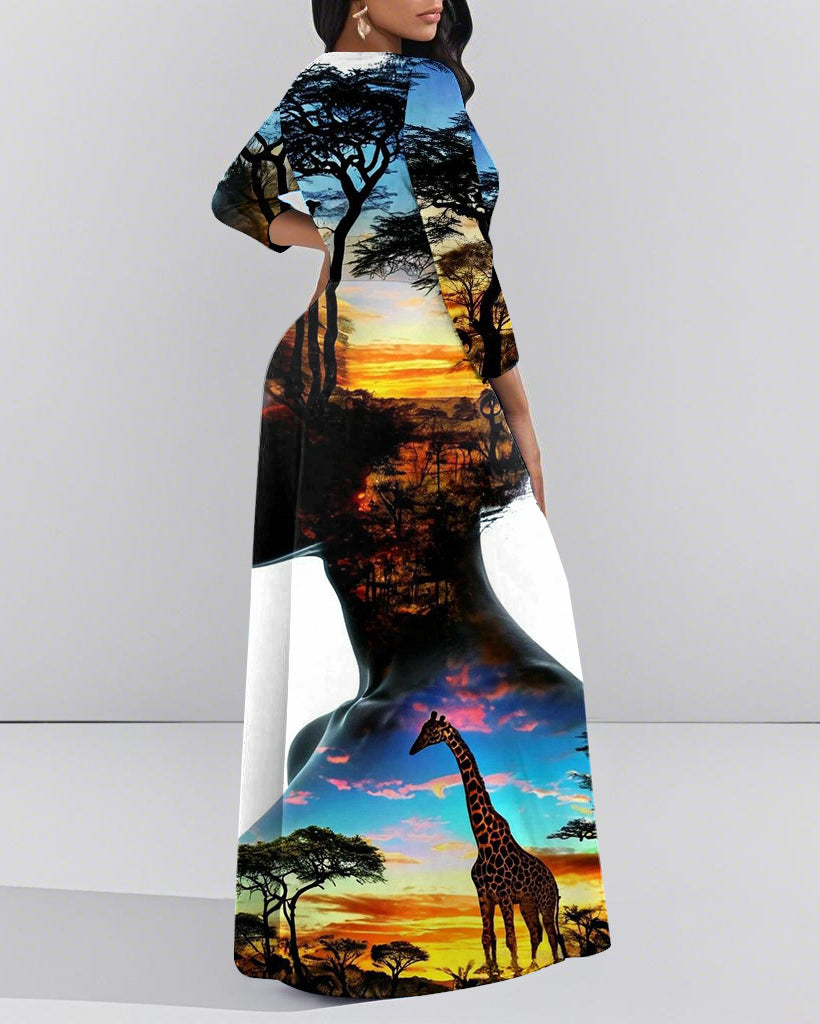 Crew Neck Girl African Grassland Art Long Sleeve Pockets Maxi Dress