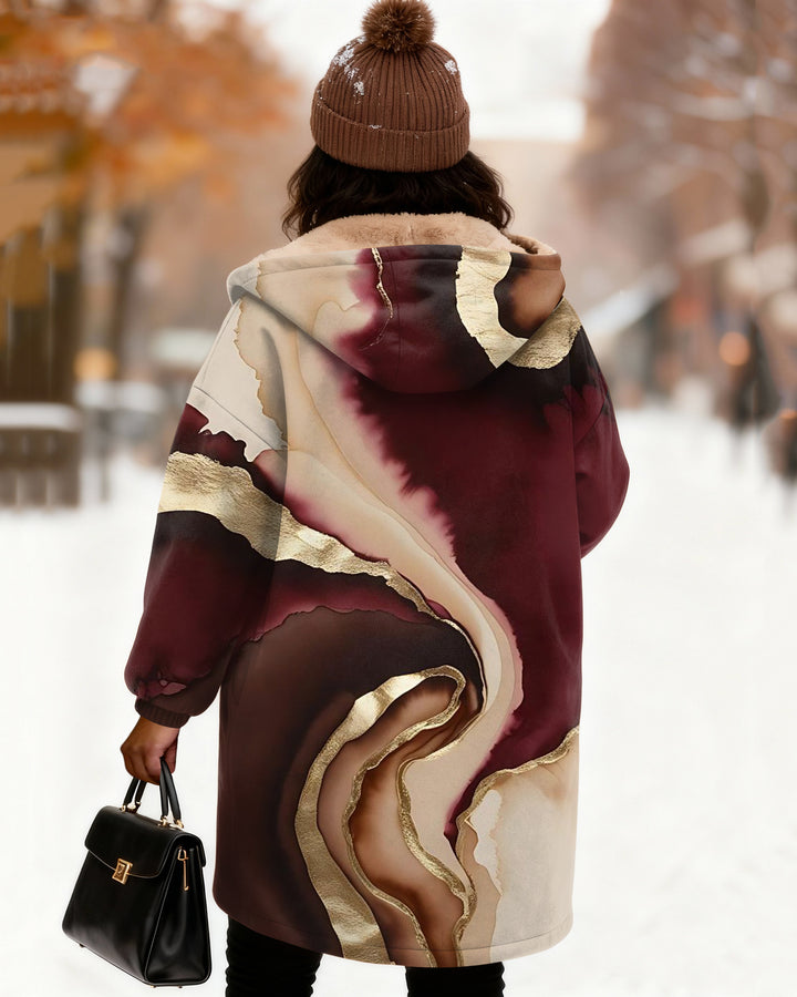 Wave-shaped Color-blocking Texture Long Sleeve Zip-Up Fleece Long Hoodies