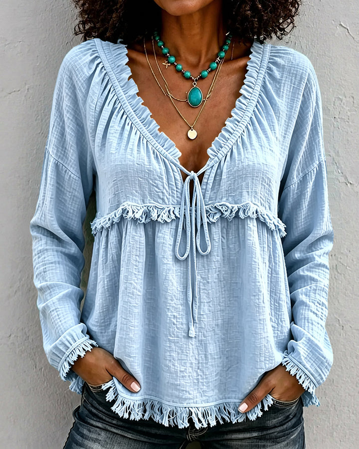 Boho Fringe Trim Tie Front Crinkle Textured Long Sleeve Blouse