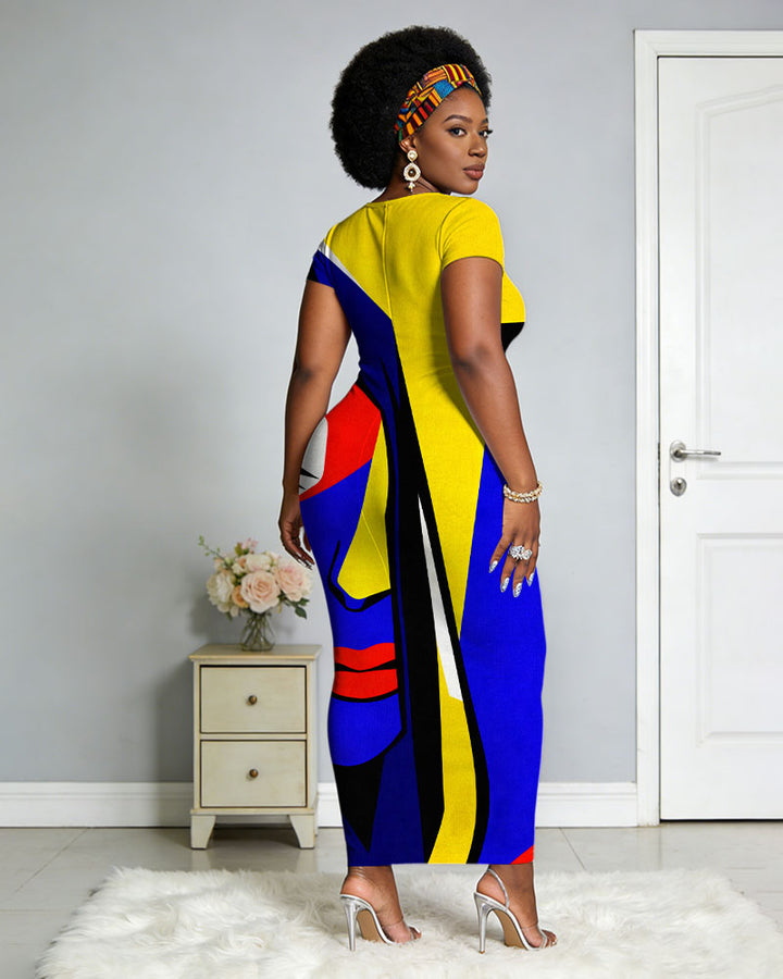 Figure Abstract Short Sleeve Dress Stretch Dress