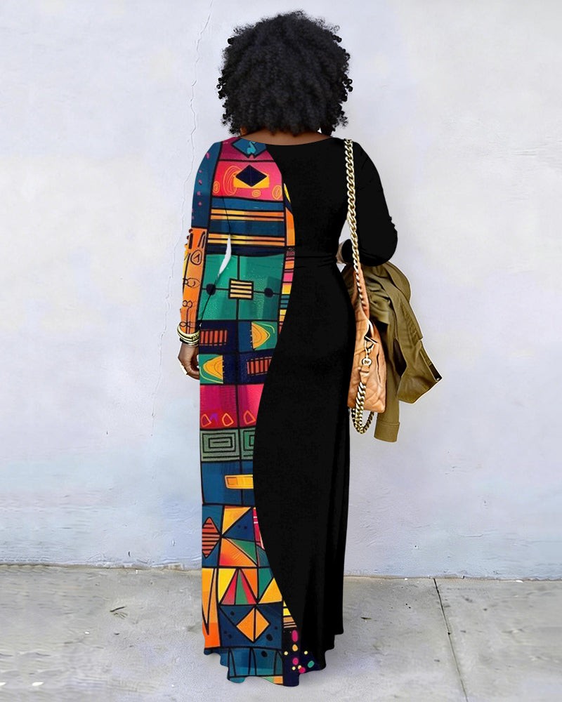 African Tribal Pattern Splicing Crew Neck Long Sleeve Dress