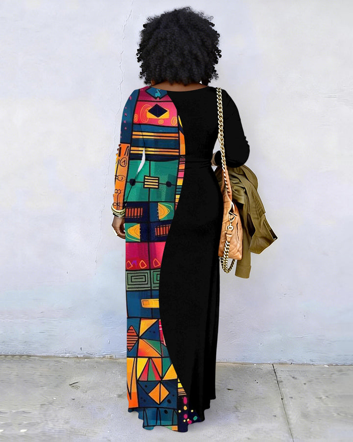 African Tribal Pattern Splicing Crew Neck Long Sleeve Dress