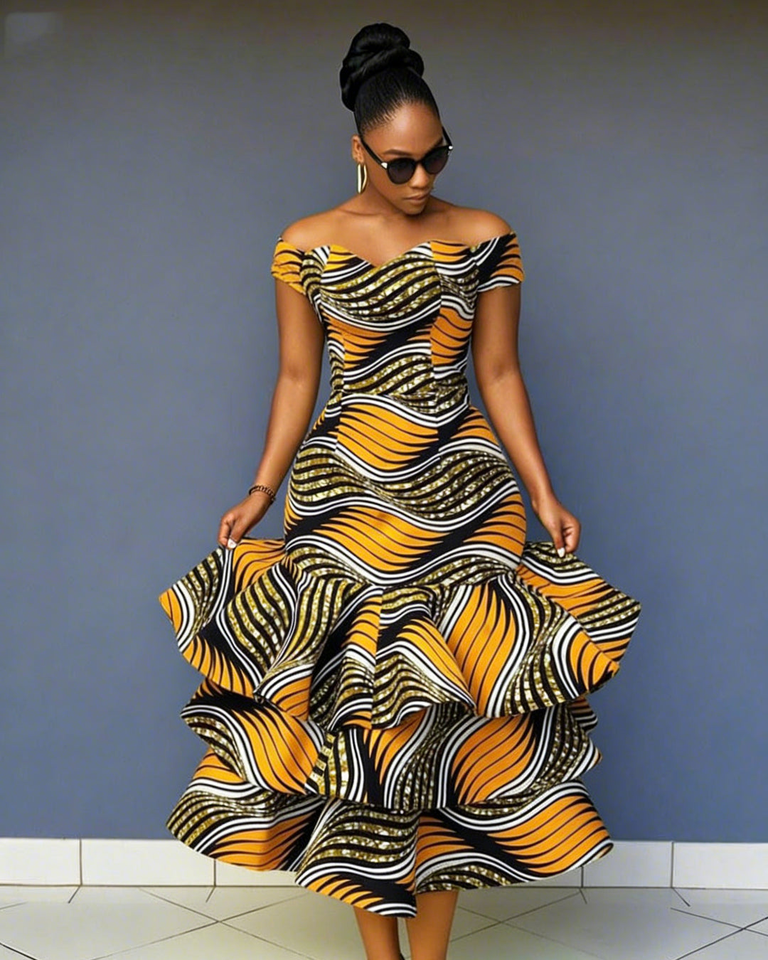 African Fashion Ankara Striped Print Fishtail Dress