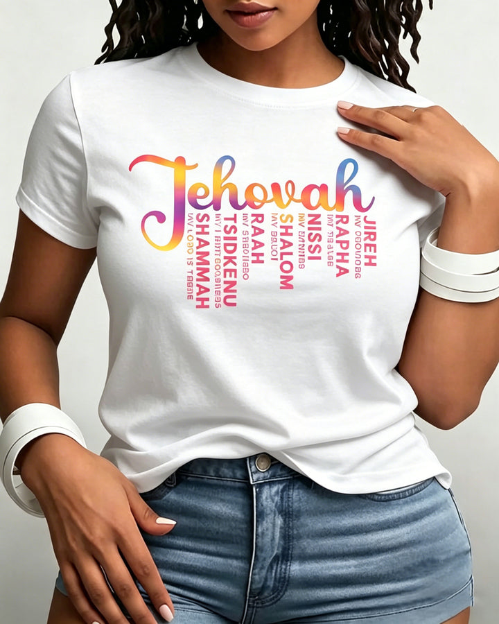 100% Cotton Names of God Letter Crew Neck Short Sleeve Tshirt