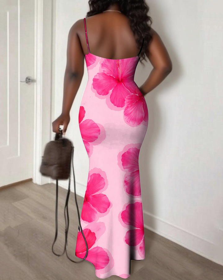 Pink Flowers Print Spaghetti Strap Bodycon Maxi Dress