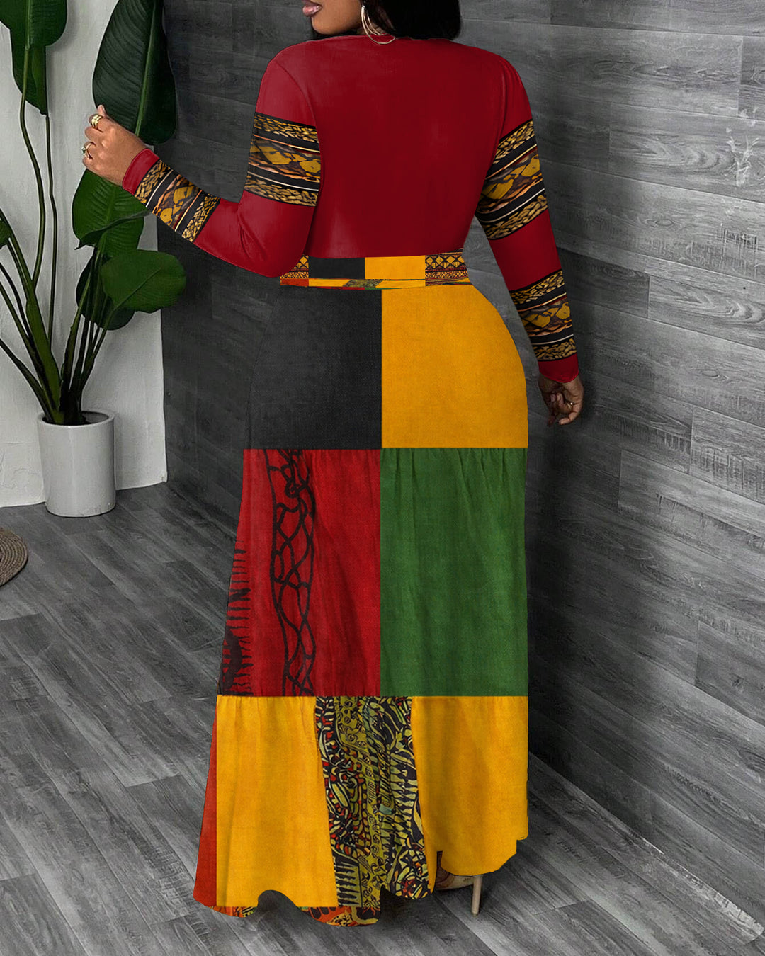 Reggae Color Blocking Print Crewneck Long Sleeve Pocket Dress