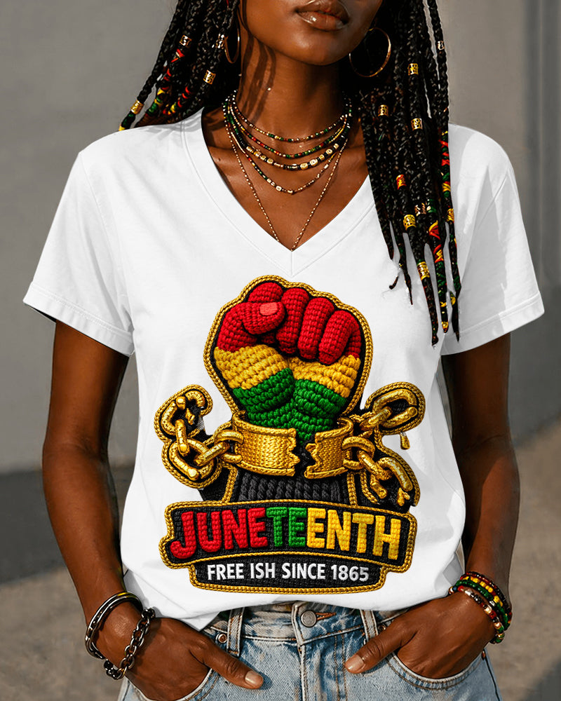 100% Cotton Juneteenth Black Power Fist V Neck Short Sleeve Tshirt