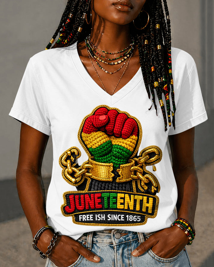 100% Cotton Juneteenth Black Power Fist V Neck Short Sleeve Tshirt