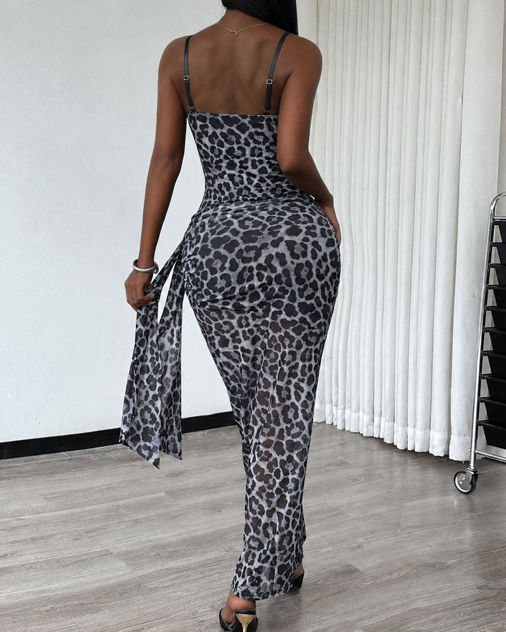Leopard Print Lace Corset Spaghetti Strap Ruched Sheer Mesh Maxi Dress