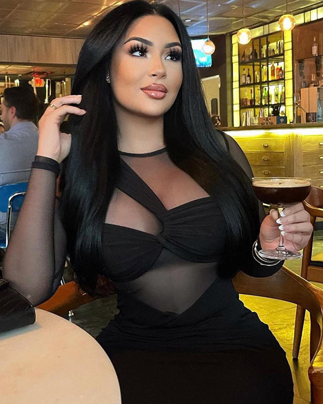 Round Neck Mesh Panel Long Sleeve Bodycon Dress