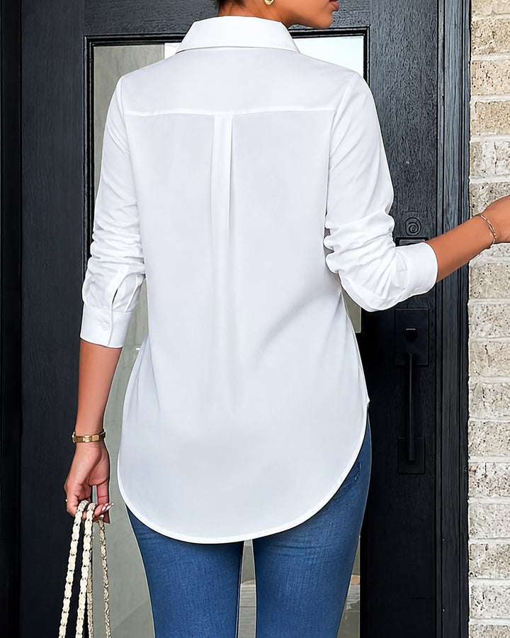 Tie and Accessory Combination Printed Irregular Hem Split Long-sleeved Shirt
