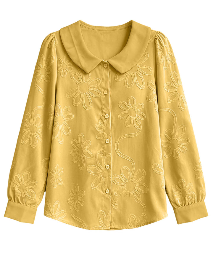 Peter Pan Collar Long Sleeve Embroidered Button Down Shirt
