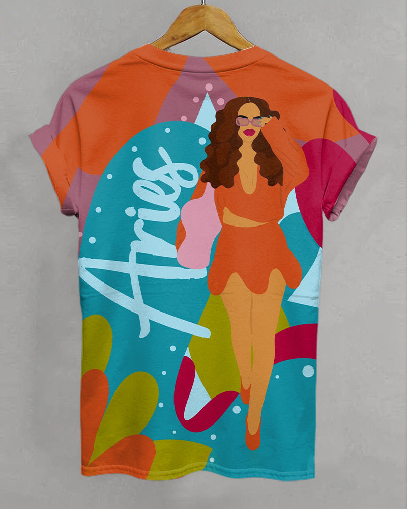 Aries Cartoon Illustrations Print Crew Neck Short Sleeve Tshirt