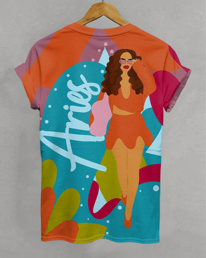 Aries Cartoon Illustrations Print Crew Neck Short Sleeve Tshirt