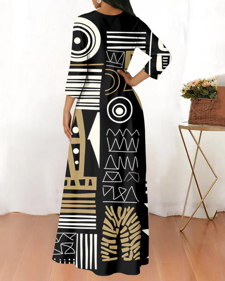 Round Neck Abstract African Art Long Sleeves Maxi Dress