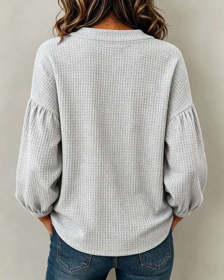 Lantern Sleeve Waffle Knit Round Neck Solid Color Long-sleeved Top