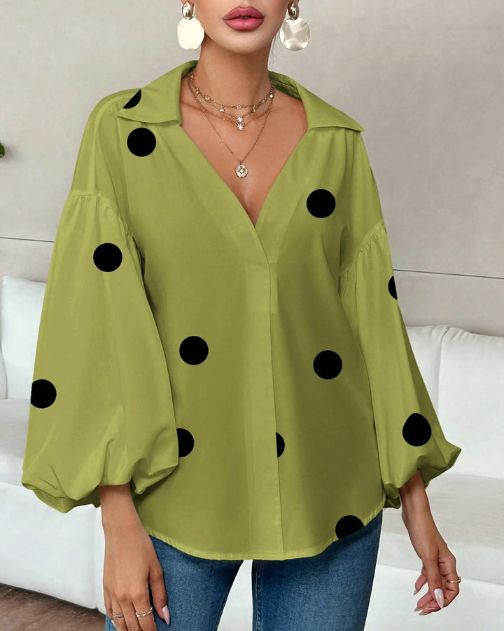 Collared V‑Neck Balloon Long Sleeve Blouse