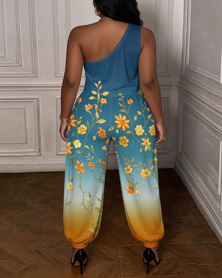 Gradient Flower Printing One-shoulder Jumpsuit