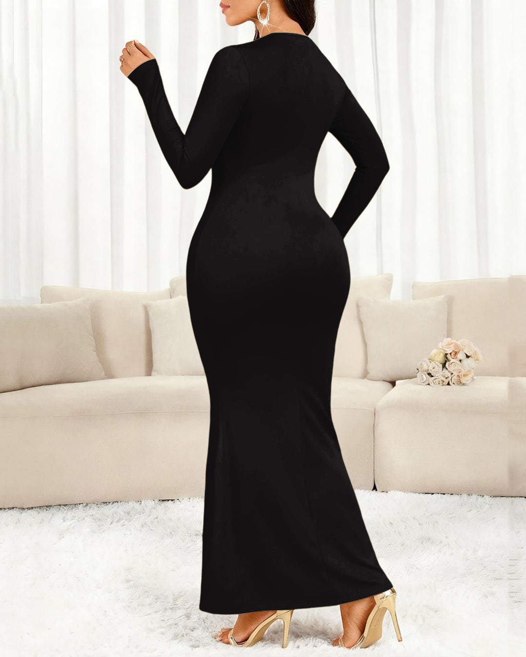 Colorful Totem Prints Round Neck Long Sleeve Bodycon Dress