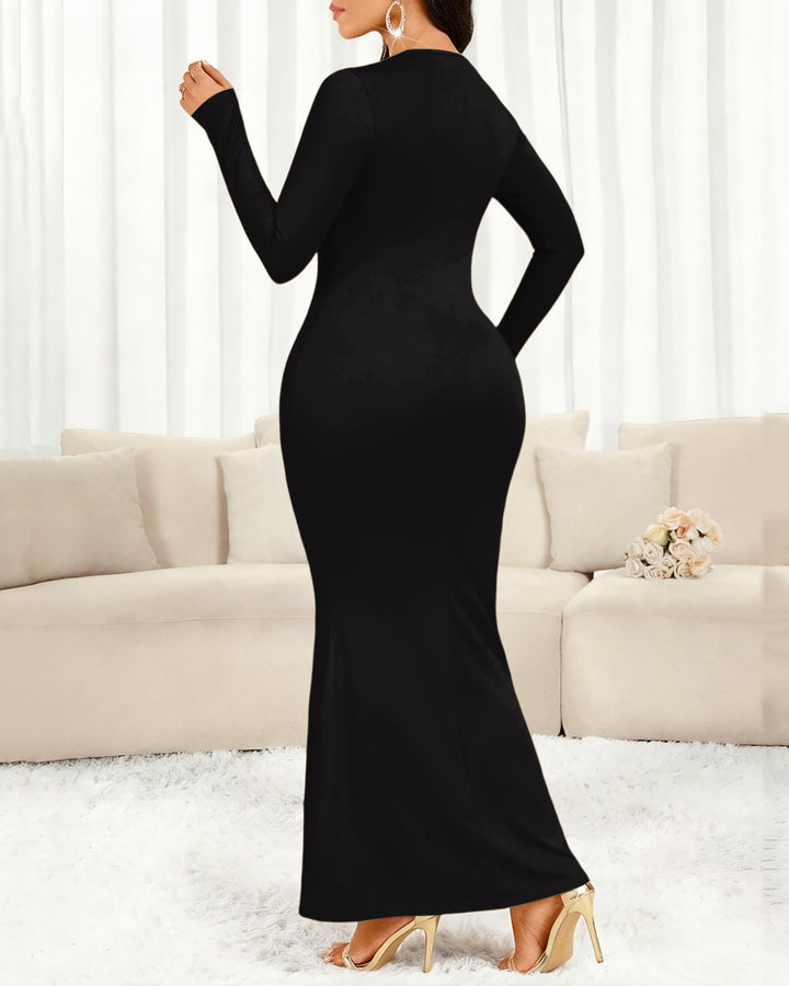 Colorful Totem Prints Round Neck Long Sleeve Bodycon Dress