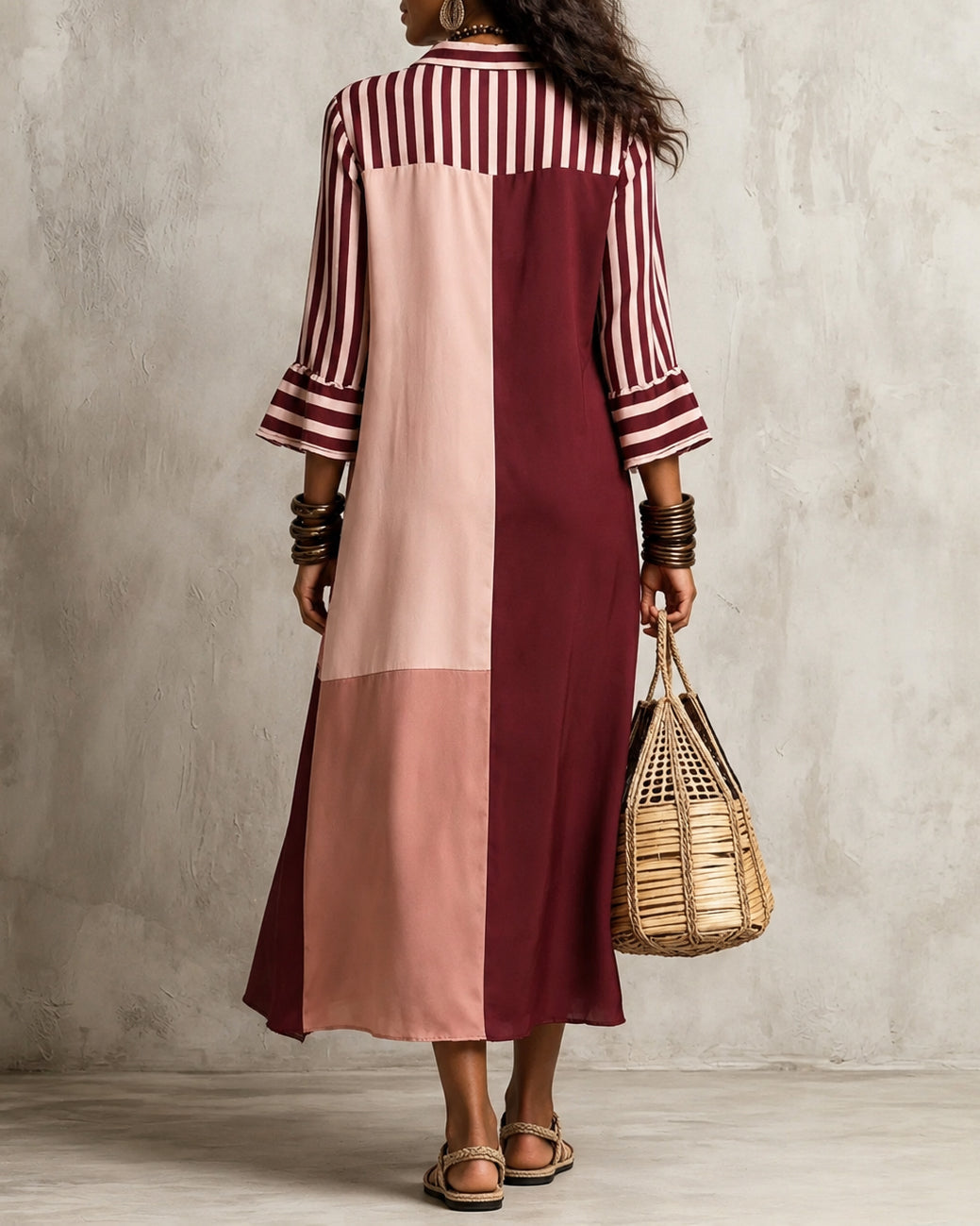 Elegant Striped Patchwork 3/4 Sleeve Shirt Dress