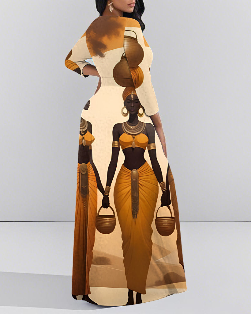 Crew Neck Retro Black Woman Long Sleeve Pockets Maxi Dress