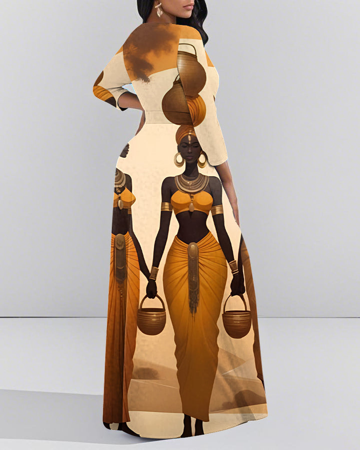 Crew Neck Retro Black Woman Long Sleeve Pockets Maxi Dress