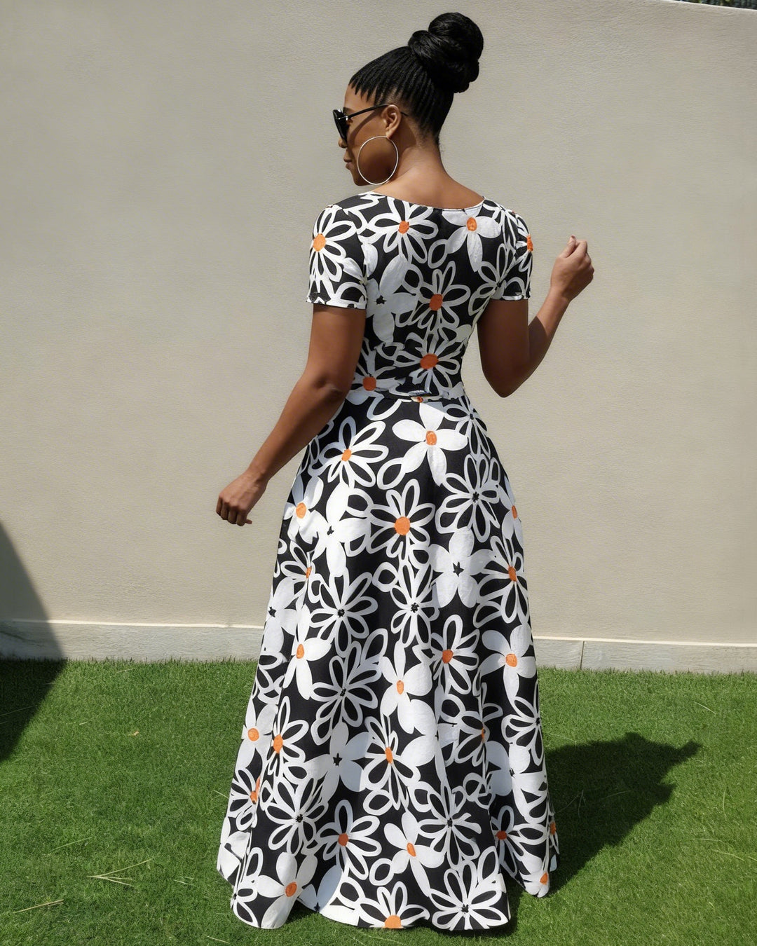 V-Neck Color-blocked Floral Art Pocket Short-Sleeved Maxi Dress
