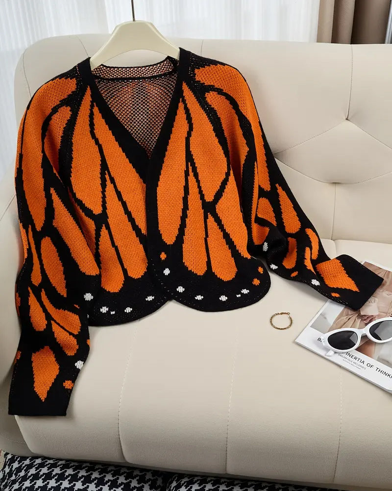 Women's Trendy Butterfly Wings Knit Cardigan, Front Open V Neck, Bat Sleeve Short Design