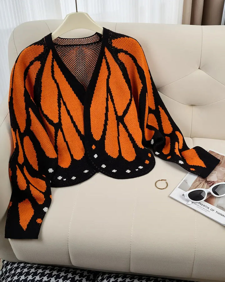 Women's Trendy Butterfly Wings Knit Cardigan, Front Open V Neck, Bat Sleeve Short Design